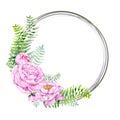 Round frame with green fern branches and beautiful pink peony flowers. Beautiful floral wreath with flowers and leaves isolated on Royalty Free Stock Photo