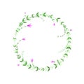 Round frame with green foliage and pink flowers. Delicate design element. Vector floral illustration. Design template for logo, Royalty Free Stock Photo