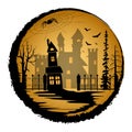 Round frame with halloween night scene and scary objects, black and orange. Royalty Free Stock Photo