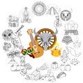 Round frame with household items and traditional Mexican food. Guitar, maracas. Cow skull on a wheel