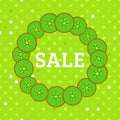 Round frame of kiwi slices. Summer green design sale. Vector illustration with polka dot background. Royalty Free Stock Photo