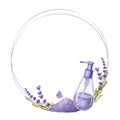 Round frame lilac cosmetic lavender essential oil, dispenser glass bottle, sea salt. Hand draw watercolor illustration