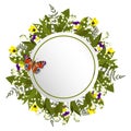 Round frame with lilies of the valley and pansies. Round frame with flowers and butterfly. Vector graphics