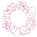 Round frame with line art graphic rose flowers