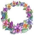 Round frame made of beautiful colorful orchid flowers and mostera leaves. Empty space for your text in the middle.