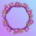 Round frame made of branches with lush flowers. Decorative element for design work in the boho style Royalty Free Stock Photo