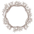 Round frame made of branches with lush flowers. Decorative outline element for design work in the boho style Royalty Free Stock Photo