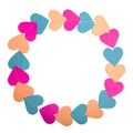 Frame made of colorful paper hearts connected by thread isolated on white background. Flat lay