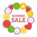 Round frame different pieces of tropical fruits. Summer children design SALE. Vector Kiwi, watermelon, banana, orange Royalty Free Stock Photo