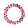 The round frame is made of dried rose petals and black heart-shaped confetti. White background. Floral layout for Valentine`s day Royalty Free Stock Photo