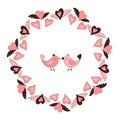 Round frame made of flying hearts. In the center are two lovers kissing birds Royalty Free Stock Photo