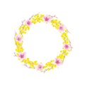 Round frame made of mimosa, willow and sakura. Wreath of yellow and pink flowers. Hand drawn watercolor illustration Royalty Free Stock Photo