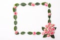 Round frame made of pink and beige roses, green leaves, branches, floral pattern on white background. Flat lay, top view. Valentin Royalty Free Stock Photo