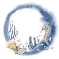 Round Frame of Marine animals and Shells. Wreath with Underwater objects on isolated background. Hand drawn undersea