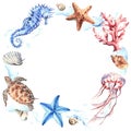 Round frame of marine animals and shells. Wreath of underwater objects isolated on white. Hand drawn watercolour. Clip