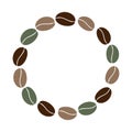 Round frame of multicolored coffee beans in trendy brown and green. Copy space. Lettering template