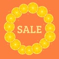 Round frame of orange slices. Summer citrus bright design sale. Vector illustration background.