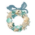 Round frame with an ornament made from sea shells. Wall wreath with organza bow for interior design with a nautical