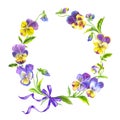 Round frame of pansies, watercolor illustration