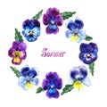 Round frame pansies watercolor with summer lettering on white background