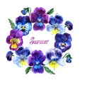 Round frame pansies watercolor with summer lettering on white background