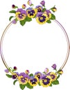 Round frame with pansy flowers, wreath viola