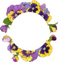 Round frame with pansy flowers, wreath viola, yellow and purple flowers green leaves ornament , vector