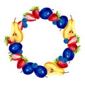 Round frame with pears, plums, strawberries and blueberries