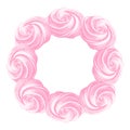 Round frame of pink airy french meringues twirls, marshmallow, zephyr. Vector in graphic vintage retro style. sweetness