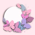 The round frame is pink with pink and blue butterflies. Graphic design drawn by hand. For the design and decoration of