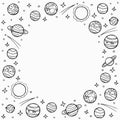 Round frame of planets and stars with empty space for text. Hand drawn doodle cosmos, solar system. Template for social networks. Royalty Free Stock Photo