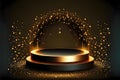 Round frame with podium for product presentation, around gold confetti, dark background. New Year\'s party and celebrations Royalty Free Stock Photo