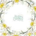 Round frame with pretty yellow daffodils. Calligraphy phrase Happy Easter