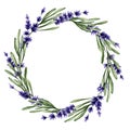 Round frame with purple flowers. Watercolor vignette with lavender flowers for decoration of invitations, cards, text.