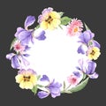 Round frame of purple irises flowers, watercolour illustration