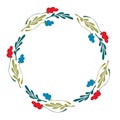 Round frame of red and blue flowers with foliage.Hand-drawn illustration in vector design for spring sales, banners, advertising, Royalty Free Stock Photo