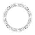 Round frame of rope with branches and flowers of lavender. Black and white vector illustration. Royalty Free Stock Photo