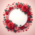 round frame with rose flowers and red hearts around and empty white center isolated on pastel pink background Royalty Free Stock Photo