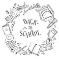 Round frame with school stationery and Back to School title. Hand drawn outline doodle sketch vector illustration Royalty Free Stock Photo