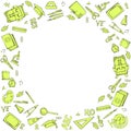 Round frame of school supplies. Vector black and white illustration. Linear doodles. Royalty Free Stock Photo