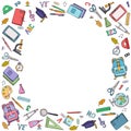 Round frame of school supplies. Vector colorful illustration.