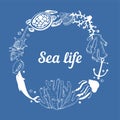 Round frame with sea animals and corals. Hand drawn vector illustration Royalty Free Stock Photo