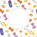 Round frame of sewing items and copy space for text. Scissors, thread spools, round buttons, pins, thimble. Dressmaking clipart Royalty Free Stock Photo