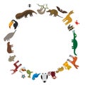 Round frame. Sloth anteater toucan lama bat seal armadillo boa manatee monkey dolphin Maned wolf raccoon jaguar Hyacinth macaw liz