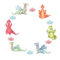 Round frame with of stylish cartoon Dragons in various poses of yoga. Animal meditation. Colored Dragons practicing fitness