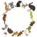 Round frame for text Animals Australia: Echidna Platypus ostrich Emu Tasmanian devil Cockatoo parrot Wombat snake Monitor lizard