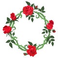 Round frame of thorns and red roses isolated on a white background. Vector graphics