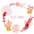 Round frame with underwater animals and the inscription hello summer isolate on a white background. Vector graphics Royalty Free Stock Photo
