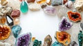 Round frame with various crystals and gemstones on white backdrop Royalty Free Stock Photo