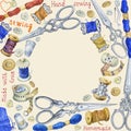 Round frame with various vintage objects for sewing, handicraft and handmade. Royalty Free Stock Photo